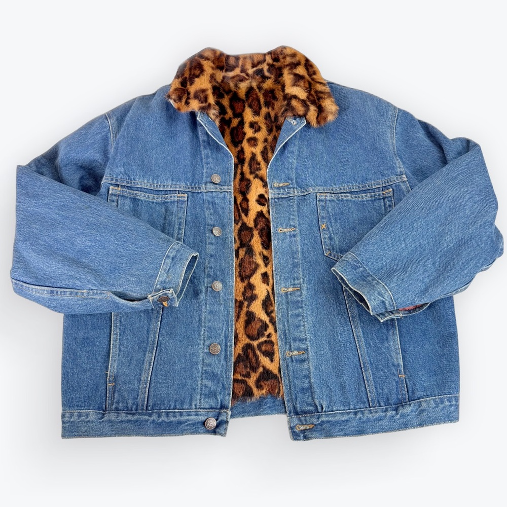 Vintage Denim Jean OOAK Jacket w/ Genuine Animal Print Fur Lining L/XL